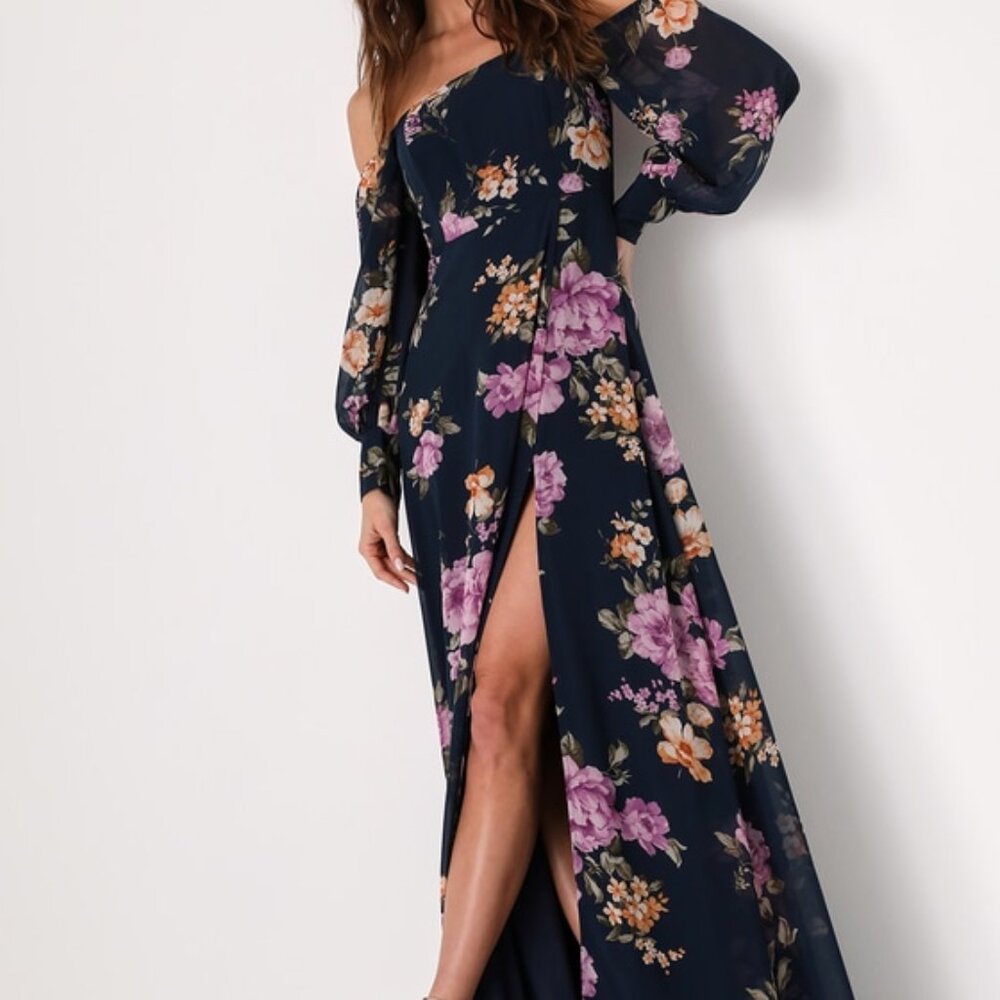 Lulus Feel The Romance Navy Blue Floral Off-the-shoulder Maxi Dress - Size L